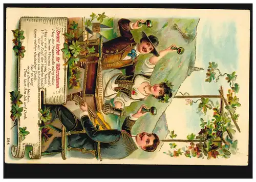 Carte de présage Dégustation de vin sur le Rhin Brennen Weinglasen Lehre, WEISSIG 1902