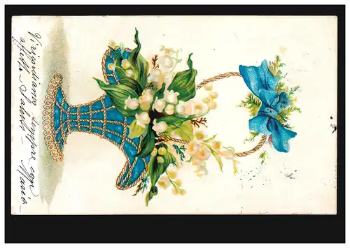 Carte de prévis Panier de fleurs bleu avec jeton de mayonnaise, couru 1904