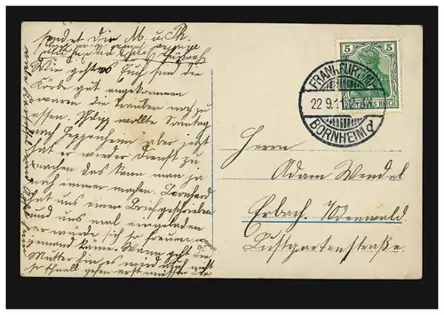 Mode-AK Nachdenkliche Frau mit Blumen, FRANFURT - BORNHEIM d 22.9.1911