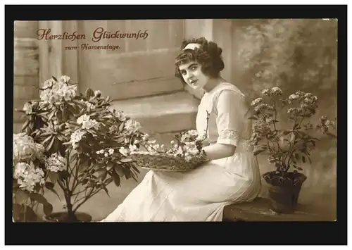Mode-AK Frau mit Blumen zum Namenstag, CÖLN 1913 nach Köln-Nippes