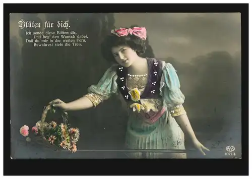 Mode AK Femme avec panier de fleurs: Fleurs pour toi! CHEMNITZ 12.1.1912 vers Belgique