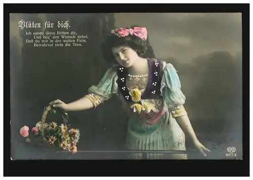 Mode-AK Frau mit Blumenkorb: Blüten für Dich! CHEMNITZ 12.1.1912 nach Belgien