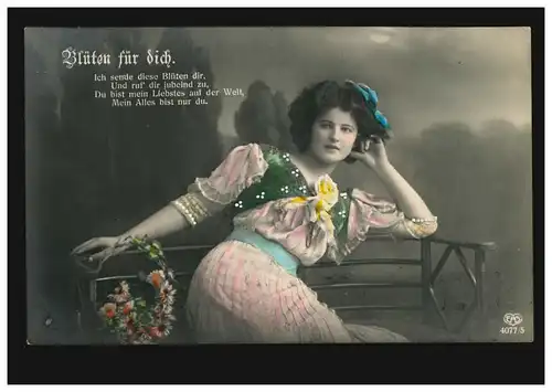 Mode AK Femme sur le banc: Fleurs pour toi! CHEMNITZ 13.1.1912 vers Belgique
