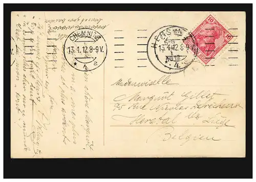 Mode AK Femme sur le banc: Fleurs pour toi! CHEMNITZ 13.1.1912 vers Belgique