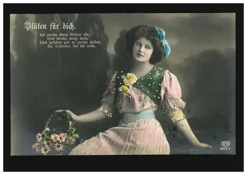 Mode-AK Frau mit Blumenkorb: Blüten für Dich! CHEMNITZ 9.1.1912 nach Belgien