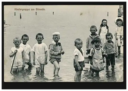 AK Kindergruppe am Strande, Verlag Bartelmann, GRAAZ 11.8.1909 nach Hamburg