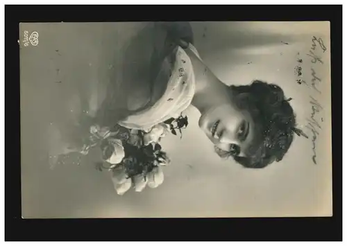 Mode-AK Frauportrait mit Rosen, Verlag E.A.S., gelaufen 22.9.1912