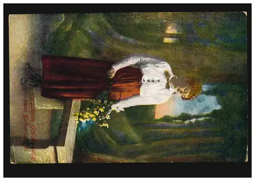 Mode AK femme rêveuse avec des fleurs banc de bois, maison d'édition E.H.&Co.i.B., non utilisé