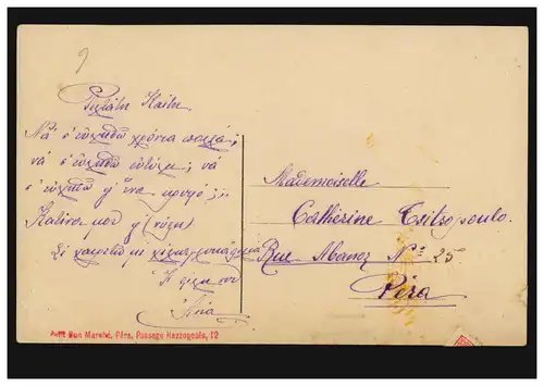 Mode AK femme en robe bleue fleurs moulin à vent, maison d'édition à Pera, marqué