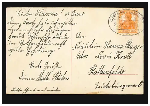 Bahnpost OLDENBURG-OSNABRÜCK ZUG 271 - 29.6.1917 auf Mode-AK Frau mit Blumen