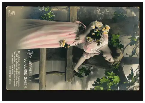 Mode-AK Frau im rosa Kleid mit Rosen Gedicht, OBERGUENZBURG 10.10.1917