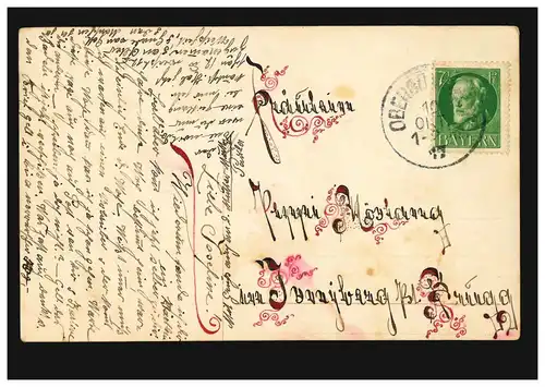 Mode AK femme en robe rose avec des roses poème, BOBERGUE BCNURG 10.10.1917