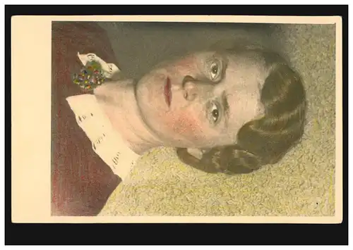 Mode-AK Frauportrait im roten Kleid mit Spitzenkragen und Brosche, ungebraucht