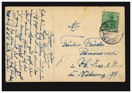 Mode-AK Nachdenkliche Frau, leicht coloriert, ESSEN (RUHR) 24.4.1912