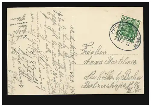 Bahnpost ROTTENBACH-KÖNIGSEE (TH.) 24.3.1914 auf Mode-AK Frau mit Blume