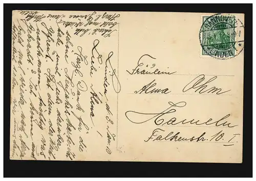 Mode AK femme avec boucle de cheveux et fleurs, HANNOVER-LINDEN 4.1.1912