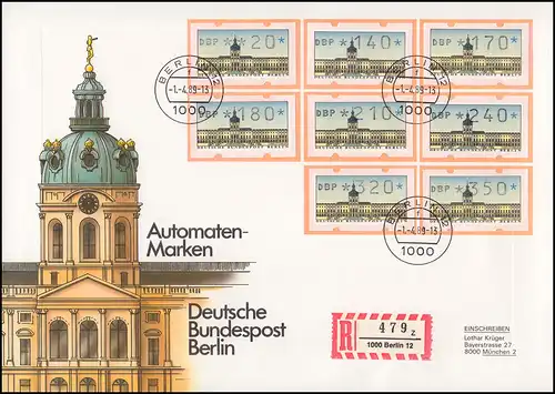 ATM Berlin, 8 Werte: 20-350, Satz auf 1 Schmuck-FDC ET-O Berlin 12 - 1.4.89