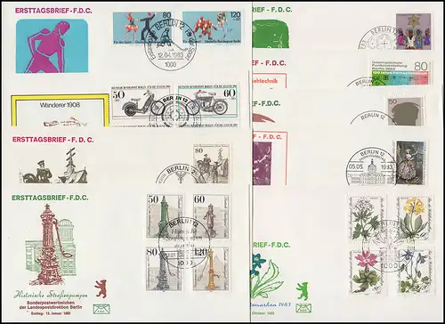 689-707 Berlin-Jahrgang 1983, komplett auf FDC, je Satz auf einem Schmuck-FDC