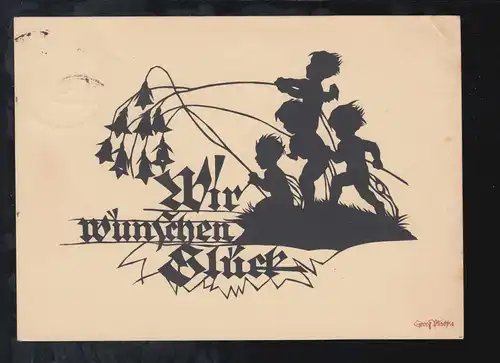 Scherenschnitt-AK Georg Plischke 4 Engel Wir wünschen Glück! HOFHEIM/TAUNUS 1932