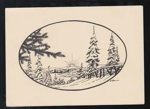 Scherenschnitt-AK Gelähmte Künstlerin: Sonnenaufgang im Winterwald, ungebraucht