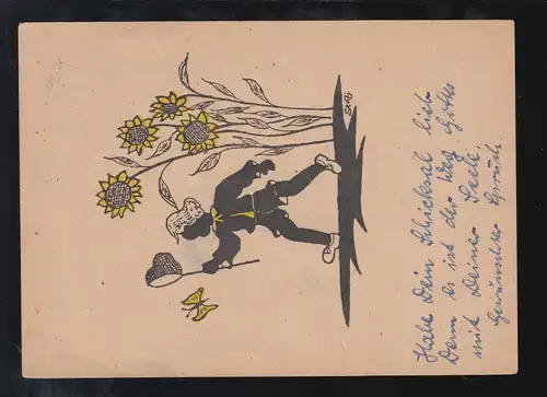 Scherenschnitt-AK Junge fängt Schmetterling Sonnenblumen, HALLE BPA 29 - 1950