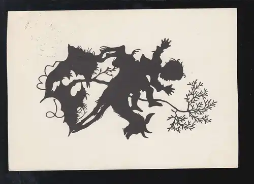 Scherenschnitt-AK Dörte Guyot: Junge reitet auf Ziegenbock, per Bahnpost um 1958