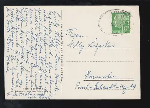 Scherenschnitt-AK Dörte Guyot: Junge reitet auf Ziegenbock, per Bahnpost um 1958