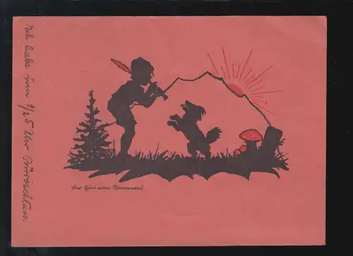 Scherenschnitt-AK Junge mit Flöte und tanzender Hund, HANNOVER 20.4.1946