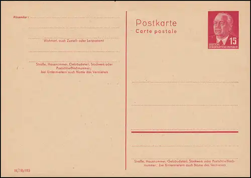 P 64 IIa Pieck 15 Pf, a geschlossen, hellsämisch, Druckvermerk III/18/185  **