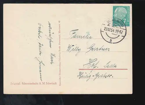 Scherenschnitt-AK A.M. Schwindt: Frohes Fest Engel mit Kerze, SCHWEINFURT 1954