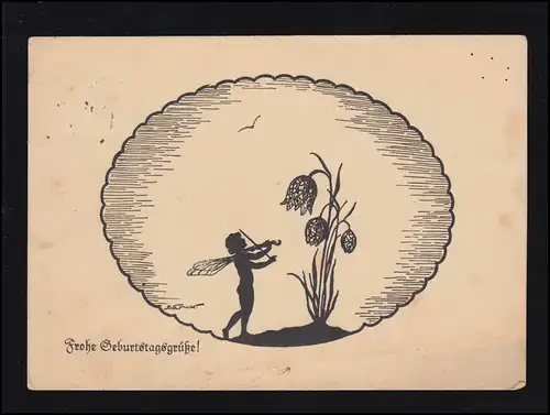 Scherenschnitt-AK Gelähmte Künstlerin: Engel, Geige und Blume, HAMBURG 1937