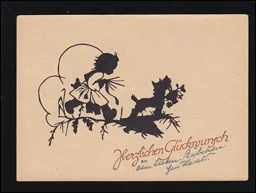 Scherenschnitt-AK Veronika Fritsche: Kind und Hund Geschenke, RUDOLSTADT 1948