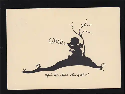 Scherenschnitt-AK Kubatz: Neujahr - Engel macht Seifenblasen, ERFURT 1935