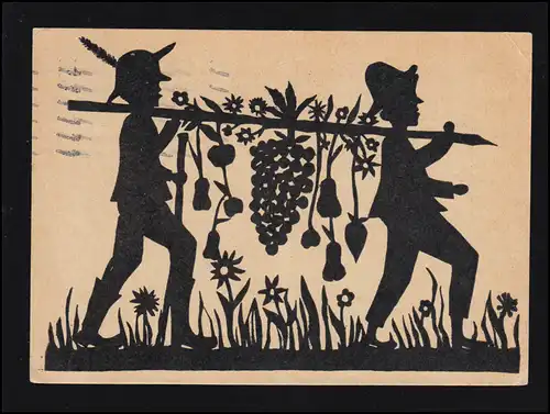 Künstler-AK Linolschnitt einer Schülerin: Jungen mit Weintraube, gelaufen