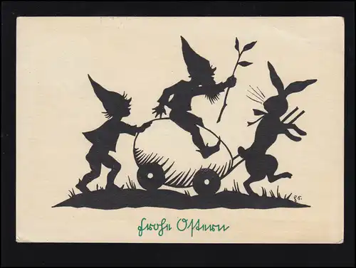 Scherenschnitt-AK H. Schmuderer: Zwerge Osterhasen Osterei, SCHMALKALDEN 1960