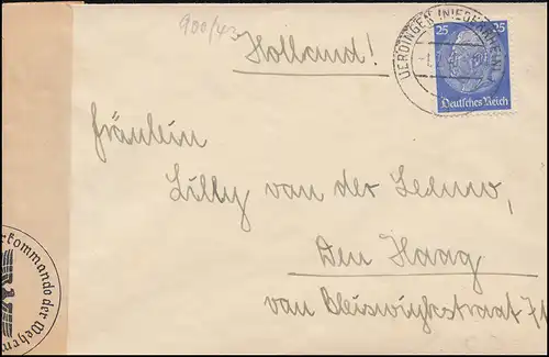 Zensur Oberkommando der Wehrmacht Brief 522 Hindenburg als EF UERDINGEN 1.2.1940