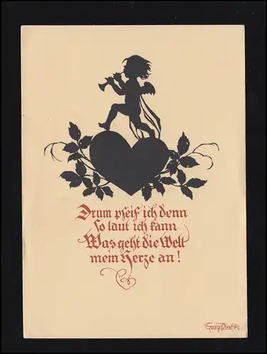 Carte de ciseaux Georg Plikke: Ange avec flûte et coeur, inutilisé
