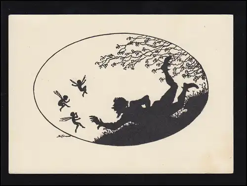 Scherenschnitt-AK Gelähmte Künstlerin: Mann greift nach drei Feen, ungebraucht