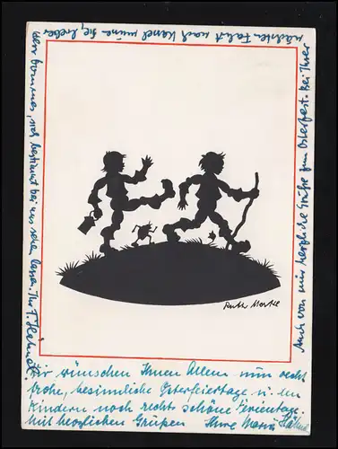 Scherenschnitt-AK Ruth Merkl: Jungen und Käfer auf Wanderschaft, KASSEL 1950