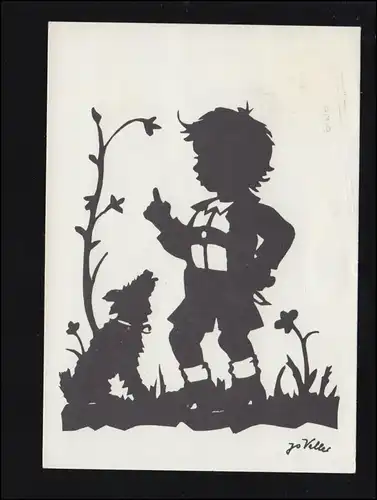 Scherenschnitt-AK Jo Valler: Junge spricht mit Hund, ESSLINGEN 30.6.1067