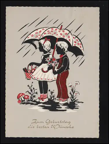 Scherenschnitt-AK Geburtstag:Mädchen und Junge Regenschirm Geschenke, CELLE 1965