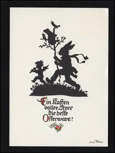 Scherenschnitt-AK Georg Plischke: Ostern Osterhase Engel mit Föte, KASSEL 1971