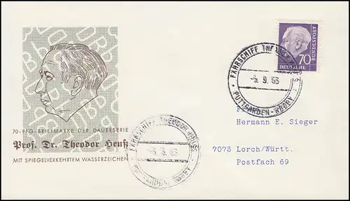 263xwZ Heuss 70 Pf. Filigrane à miroir abrupt avec ZÄHLNR. sur lettre