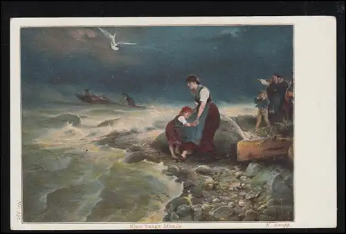 Künstler-AK Karl Raupp: Eine bange Stunde - Warten am Meeresstrand, ungebraucht