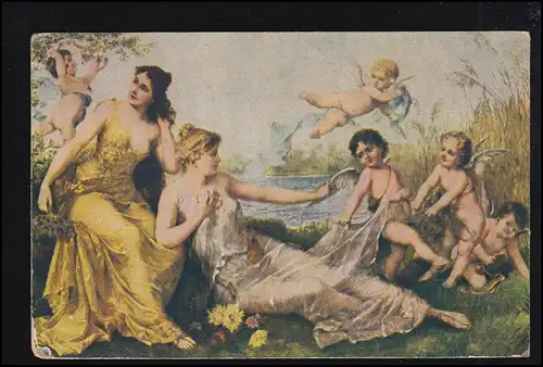 Künstler-AK F. Lefler: Übermut - Wassernympfen mit Eflen und Engel, ungebraucht