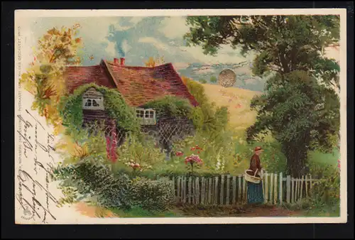 Künstler-AK Dorfidylle: Bauernhaus mit blühendem Garten, BERLIN 35 c 7.4.1900