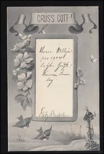 Künstler-AK Rahmenbild mit Vögeln Blumengirlande Wegkreuz, KEMPEN 2.9.1904