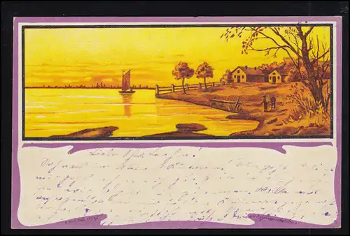 AK Dorfidylle à la mer avec voilier, AACHEN 9.5.1904 selon ROETGEN 9.5.5.