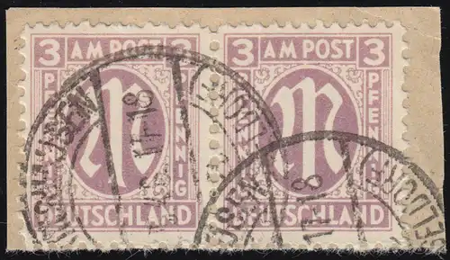 17XVI AM-Post 3 Pf im Paar mit PLF XVI gebrochene Linie auf Briefstück 1946