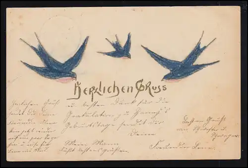 Künstler-AK Grusskarte Drei Schwalben, DESSAU 28.3.1905 nach LETZLINGEN 29.3.05